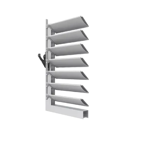 Celosía móvil AP-75 fabricada en aluminio con sistema de orientación manual, ideal para ventanas residenciales